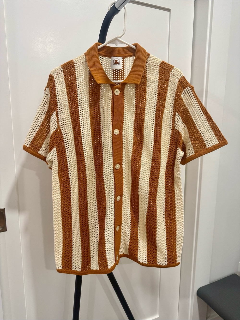 The Dominica Crochet Shirt - Burnt Sienna Stripe large